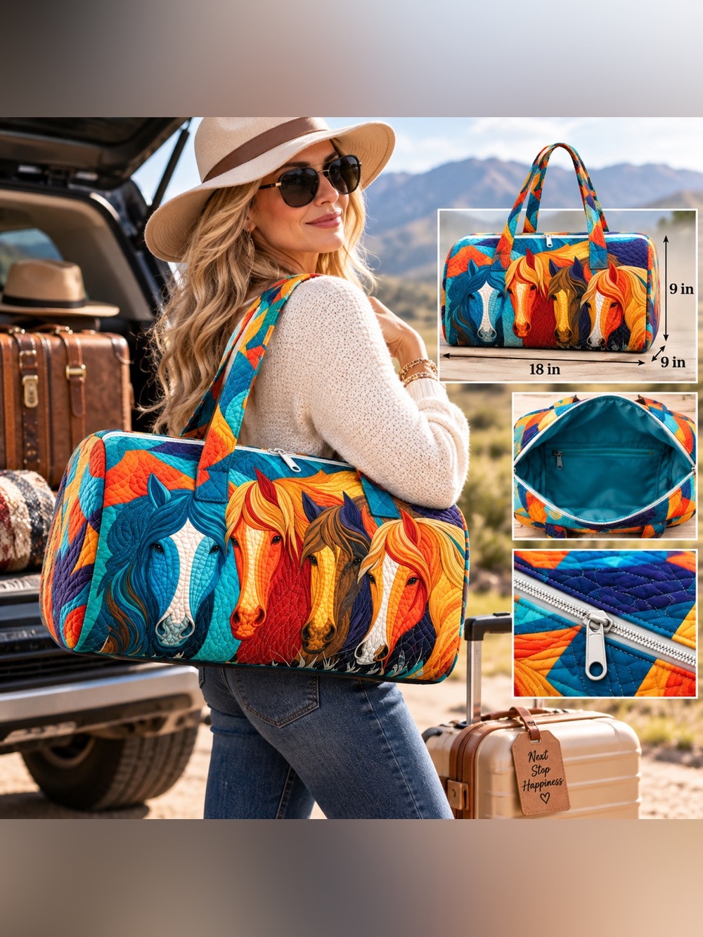 Colorful Horse Print Quilted Duffel Bag - Women (Blue/Orange/Red)